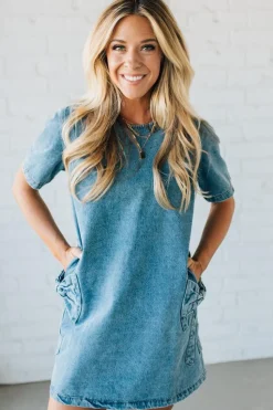Bow Accent Denim Shift Dress
