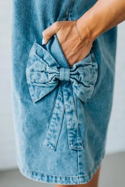 Bow Accent Denim Shift Dress