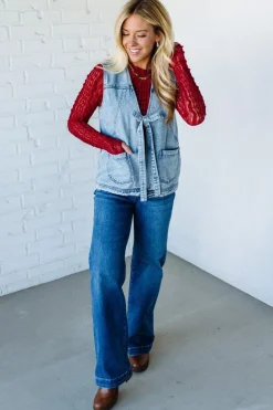 Bow Front Acid Wash Denim Vest