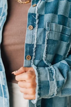 Checked and Fringed Denim Shacket