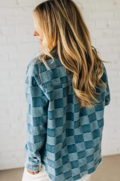 Checked and Fringed Denim Shacket