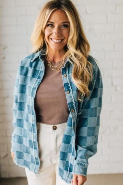 Checked and Fringed Denim Shacket