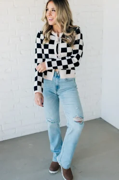 Checker Tie Front Cardigan