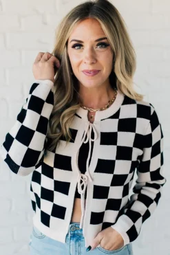 Checker Tie Front Cardigan