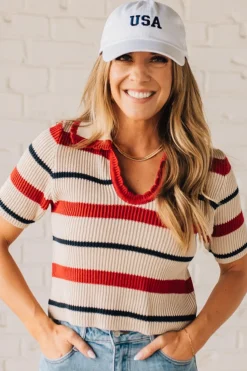 Collared Scallop Trim Stripe Top