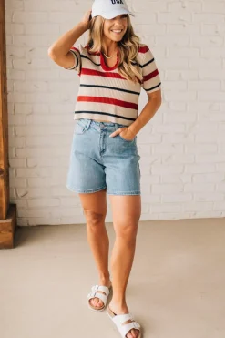 Collared Scallop Trim Stripe Top