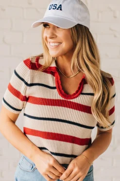 Collared Scallop Trim Stripe Top