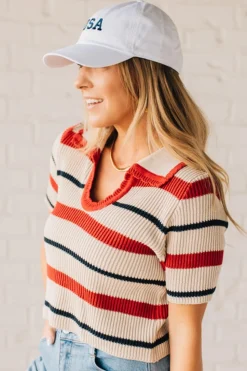 Collared Scallop Trim Stripe Top