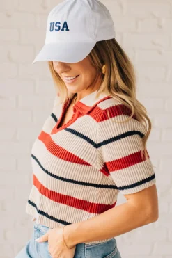 Collared Scallop Trim Stripe Top