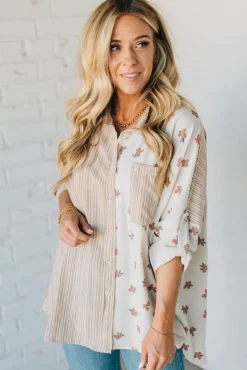 Floral + Striped Contrast Boyfriend Top