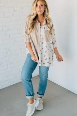 Floral + Striped Contrast Boyfriend Top