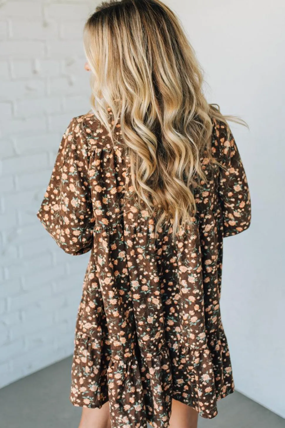 Floral Print Corduroy Tiered Shirt Dress