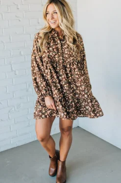 Floral Print Corduroy Tiered Shirt Dress