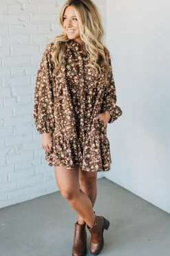 Floral Print Corduroy Tiered Shirt Dress