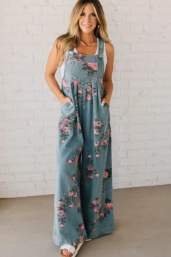 Floral Print Denim Overalls - BIBI