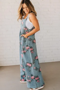 Floral Print Denim Overalls - BIBI