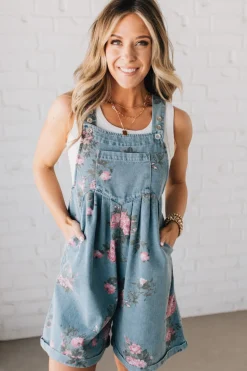 Floral Print Denim Shortalls - BIBI