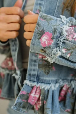 Floral Print Ruffled Denim Jacket