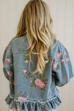 Floral Print Ruffled Denim Jacket