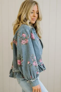 Floral Print Ruffled Denim Jacket