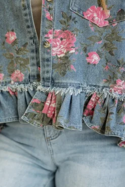 Floral Print Ruffled Denim Jacket