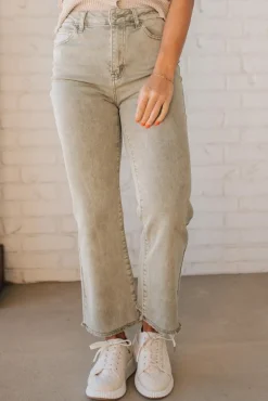 Haddie Frayed Hem Jeans | Light Olive - ZENANA