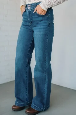 Kat High Rise Double Button Wide Leg Jeans - RISEN