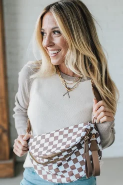 Leena Double Zipper Crossbody Bag | Mocha/White Check