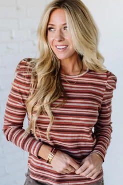 Maizy Multi Striped Baby Rib Top | Rust