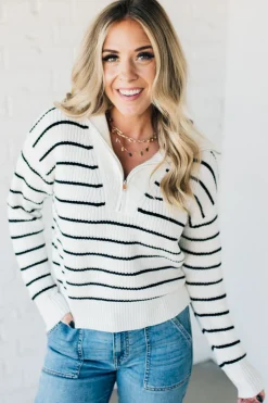 Mary Striped Zip Henley Sweater