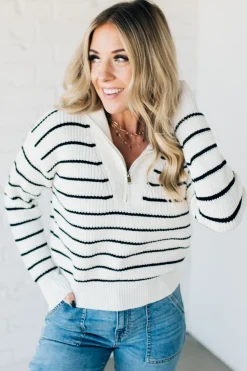 Mary Striped Zip Henley Sweater