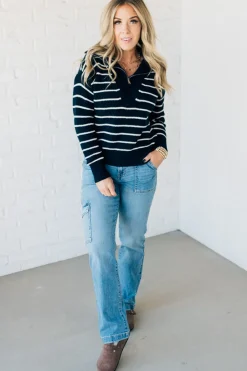 Mary Striped Zip Henley Sweater
