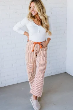 Mia Striped Drawstring Barrel Jeans | Rust - SO ME