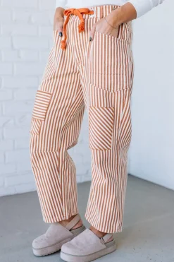 Mia Striped Drawstring Barrel Jeans | Rust - SO ME