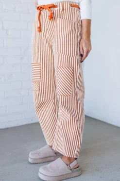 Mia Striped Drawstring Barrel Jeans | Rust - SO ME