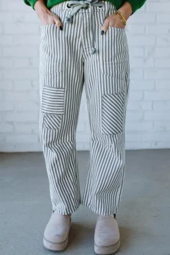 Mia Striped Drawstring Barrel Jeans | Grey - SO ME