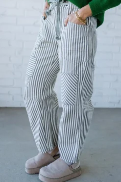 Mia Striped Drawstring Barrel Jeans | Grey - SO ME