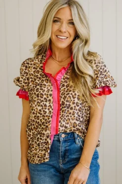 Portia Leopard Contrast Trim Short Sleeve Top
