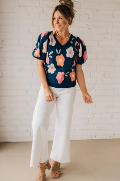 Puff Sleeve Flower Sweater