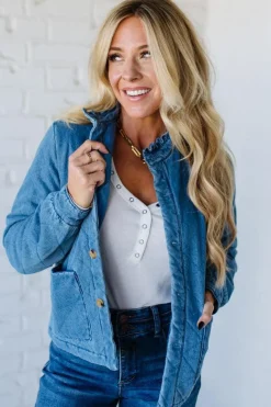 Quilted + Ruffled Lined Denim Jacket