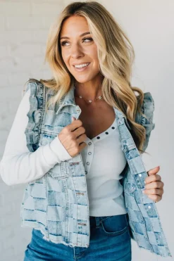 Rae Ruffle Accent Checked Denim Vest