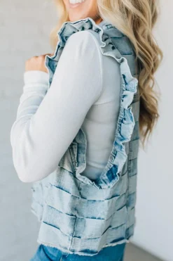 Rae Ruffle Accent Checked Denim Vest