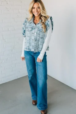 Rae Ruffle Accent Checked Denim Vest