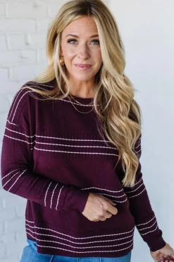 Ribbed and Striped Crew Neck Sweater | Dark Plum