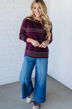 Ribbed and Striped Crew Neck Sweater | Dark Plum