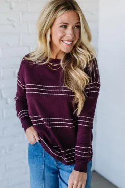 Ribbed and Striped Crew Neck Sweater | Dark Plum