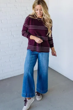 Ribbed and Striped Crew Neck Sweater | Dark Plum