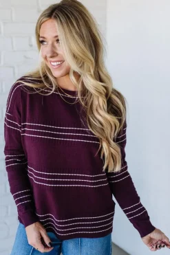 Ribbed and Striped Crew Neck Sweater | Dark Plum