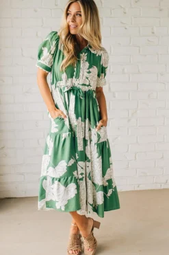 Rickrack Trimmed Print Henley Dress | Green