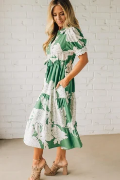 Rickrack Trimmed Print Henley Dress | Green